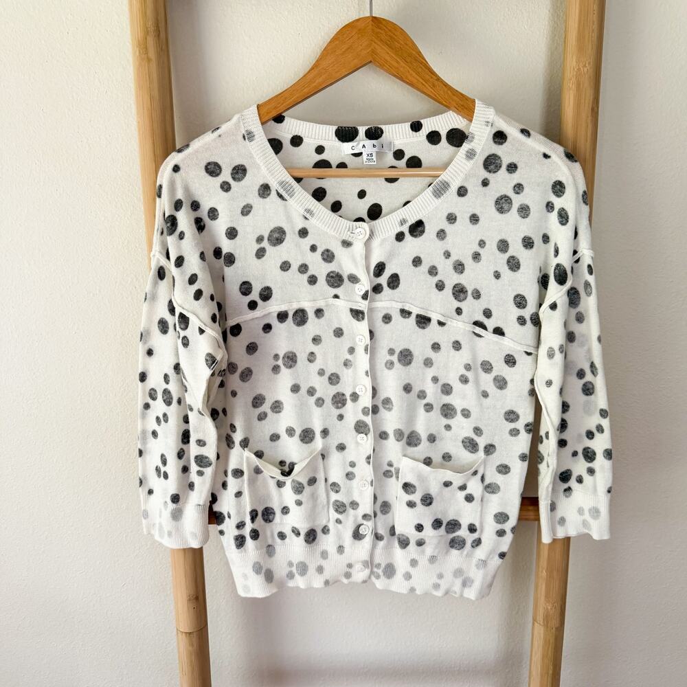 CAbi White Black Polka Dot Button Front Cardigan Sweater XS